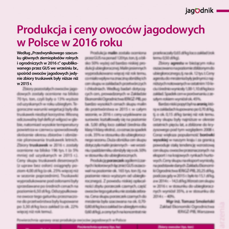 Produkcja i ceny owoców jagodowych w Polsce w 2016 roku
